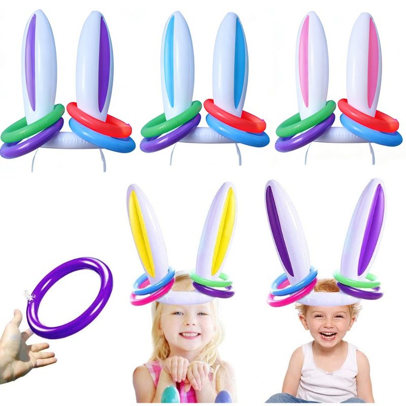 Kids Outdoor Easter Gifts - 4Set Inflatable Easter Bunny Ears Ring
