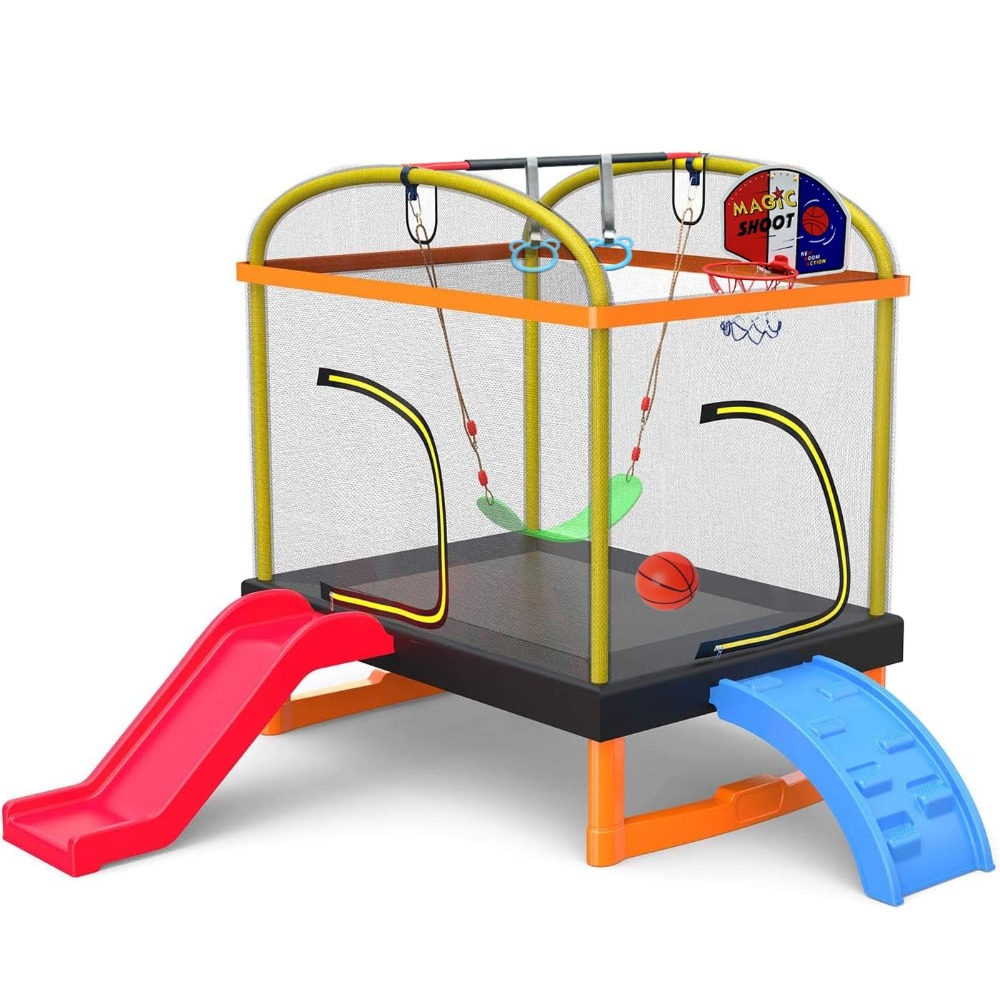 Kids Outdoor Swing - 6.5Ft 7-in-1 Rectangle Trampoline for Kids,